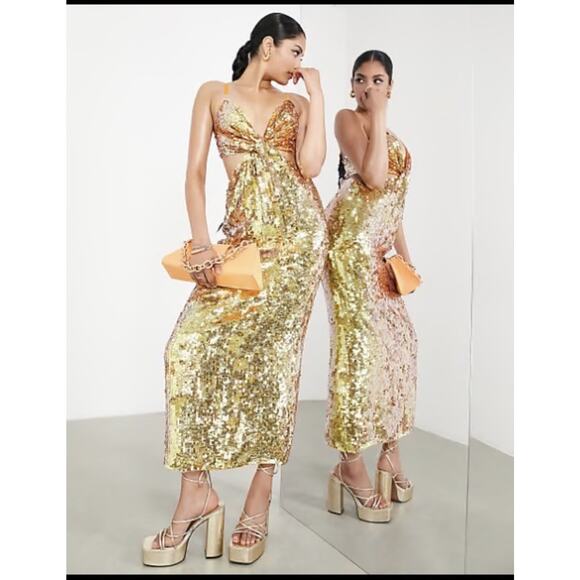 ASOS Edition Knot Front Sequin Disco Midi Dress Cut Outs in Orange Size 14 NWT - Picture 1 of 5
